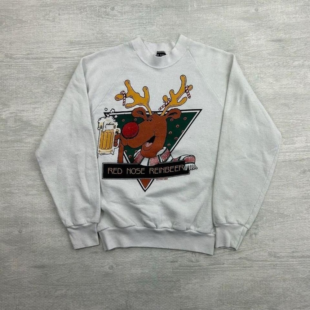 Vintage Red Nose Reinbeer Sweatshirt Adult M White Reindeer Christmas Alcohol